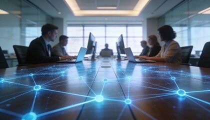 Business professionals collaborating around a conference table with digital network overlay