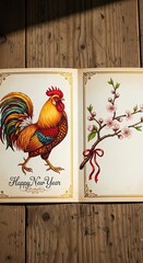 Vibrant Illustration of a Colorful Rooster and Cherry Blossoms for a Happy New Year Greeting