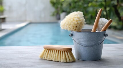 Metal bucket with three brushes inside. the bucket is placed on a wooden surface next to a swimming pool. the brushes have white bristles and wooden handles.