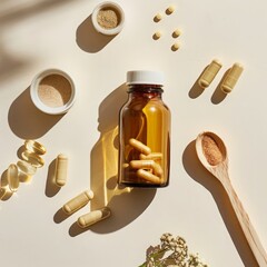 top-view flat lay of a vitamin bottle with capsules, measuring spoon, minimal lifestyle composition