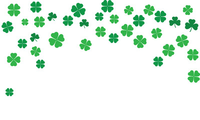 Falling green shamrocks and four-leaf clovers isolated on white background. St. Patrick's Day pattern for Irish holiday banners, greeting cards, luck concepts, and spring nature designs.