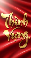 Auspicious Golden Vietnamese Calligraphy "Th?nh Vu?ng" Symbolizing Prosperity on a Luxurious Waving Red Silk Background for Celebrations.