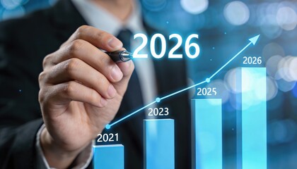 Businessman analyzing future growth projections on a digital graph pointing towards 2026