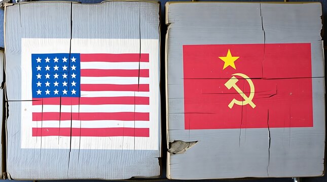 united states and soviet union flags painted on weathered wood