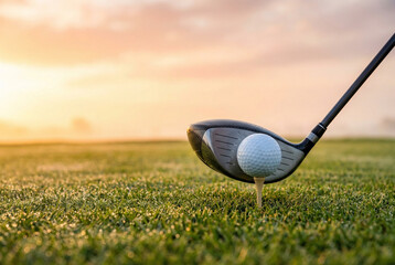Golf club preparing to strike a ball on grass at sunset  
