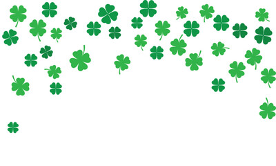 Falling green shamrocks and four-leaf clovers isolated on white background. St. Patrick's Day pattern for Irish holiday banners, greeting cards, luck concepts, and spring nature designs.