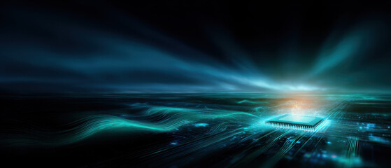 Glowing microchip with flowing energy lines symbolizing advanced computing power.