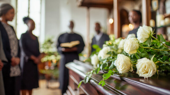 White roses placed on a wooden casket with mourners and a minister holding a book standing in a dimly lit funeral home setting with soft natural light coming through