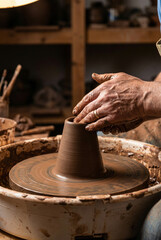 Potter shaping clay on wheel in workshop with tools and pottery  