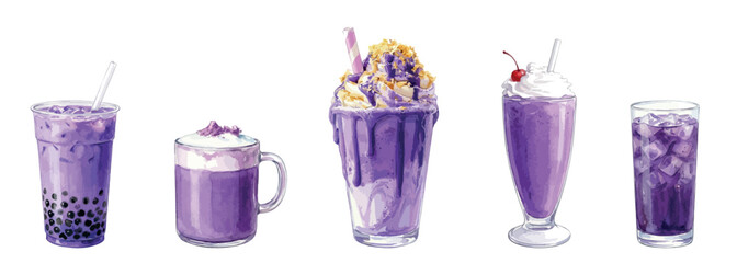 Watercolor Filipino ube drinks set with ube milkshake, ube latte, bubble tea, purple smoothie and iced drink, vector illustrations isolated on white