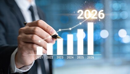 Businessman analyzing financial growth chart projecting success towards the year 2026