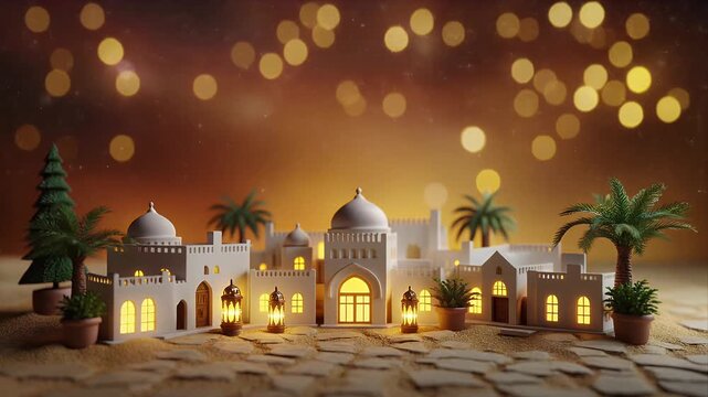 Miniature white mosque model with glowing lanterns and palm trees at sunset