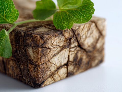 Sustainable peat-free compressed soil block with green seedlings growing on white surface promoting eco-friendly gardening and plant growth