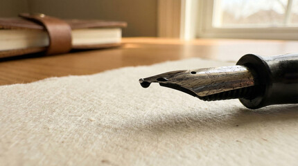Close-up of a fountain pen on cloth with notebook and window background  