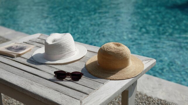Wooden table with two hats and a pair of sunglasses on it. the table is located next to a swimming pool with clear blue water.