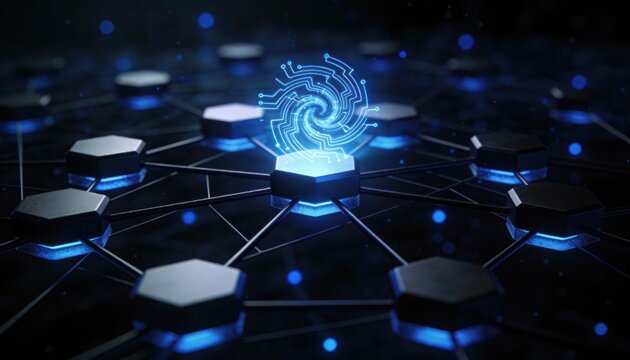 Abstract digital network with glowing central node and connected hexagonal elements - Powered by Adobe