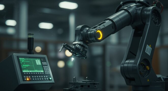 Advanced robotic arm precisely working with industrial control panel in a modern factory