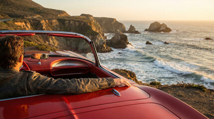 Man relaxing in red convertible car by ocean at sunset  