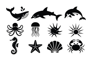 Marine Life Silhouette Icon Set with Sea Animals in Black and White