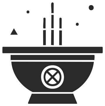 Incense burner silhouette icon, joss sticks in burning pot, smoke and triangle symbols, Asian oriental culture