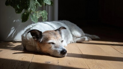 Small white and brown dog lying on a wooden floor. the dog appears to be sleeping or resting, with its head resting on its front paws and its eyes closed.