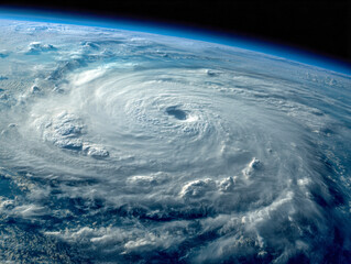 Powerful swirling hurricane with a clearly defined eye seen from space above the earth's atmosphere over the ocean on a bright day