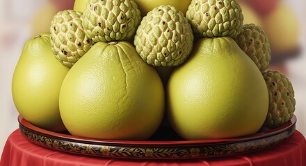 Vibrant Abundance of Fresh Pomelos and Custard Apples on a Decorative Offering Tray