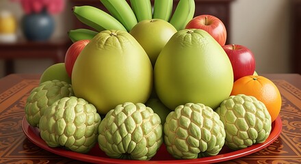A vibrant assortment of tropical and common fruits on a decorative red platter, showcasing health and abundance.