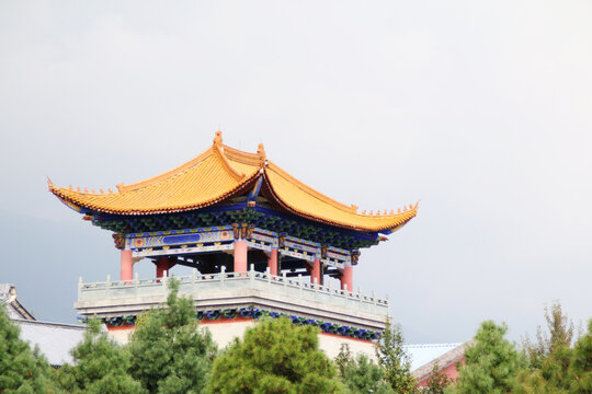 Traditional Chinese Pagoda Tower with Golden Glazed Roof