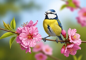 A Vibrant Blue Tit Bird Singing on a Blooming Pink Cherry Blossom Branch in Spring