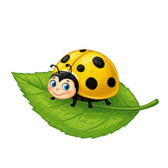 Obraz premium Cheerful cartoon ladybug with yellow body, black spots, and blue eyes smiling on a vibrant green textured leaf against a transparent background, joyful nature illustration for children