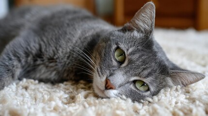 Close-up of a gray cat lying on a white carpet. the cat is resting its head on its front paws and its eyes are looking directly at the camera. its fur is soft and fluffy, and its ears are perked up.