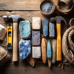 Artisan Tools and Laid Out on a Rustic Wooden Surface Including Hammers Chisels and Pigments construction