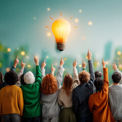 Diverse Group of People Looking Up at a Glowing Light Bulb Symbolizing an Idea flat
