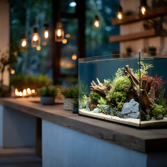 A close-up view of a meticulously arranged freshwater aquarium showcasing a vibrant underwater landscape with various green and red aquatic plants, weathered driftwood, and smooth gray stones