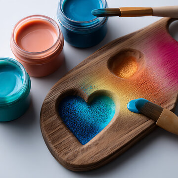 Artistic Composition of Paint Jars and a Wooden Palette with Heart Shape Filled with Blue Pigment flat