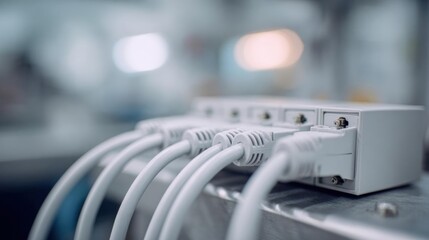 Close-up of a white electrical outlet box with multiple white cables plugged into it. the box is rectangular in shape and appears to be made of plastic or metal.