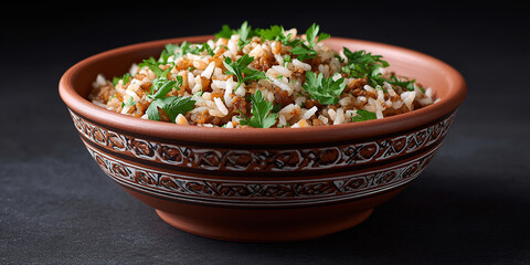 Mujaddara in dish on dark background