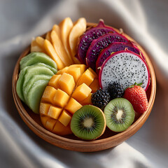Vibrant Assortment of Fresh Tropical and Exotic Fruits Artfully Arranged in a Wooden Bowl Featuring Mango Kiwi Dragon Fruit and Berries