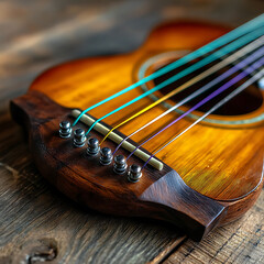 Acoustic guitar with vibrant multicolored strings resting on a weathered wooden surface with a shallow depth of field focusing on the bridge and tuning pegs showcasing rich wood grain textures and