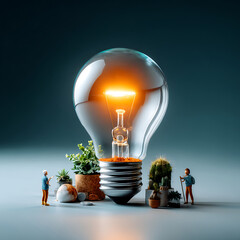 A glowing incandescent light bulb with a warm orange filament sits on a surface surrounded by miniature figures tending to various potted plants and cacti, symbolizing growth and environmental care