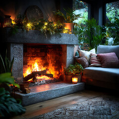 A cozy, dimly lit living room scene a crackling fireplace with glowing embers and logs, adorned with festive greenery and fairy lights, next to a comfortable grey sofa piled with textured cushions