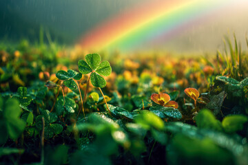 Rain-soaked clover plants in a lush green field with a vibrant rainbow arching across the misty sky creating a serene and magical natural scene