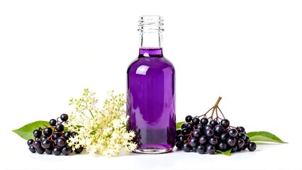Bottle with Elderberry juice and fresh Elderberry flowers and berries 