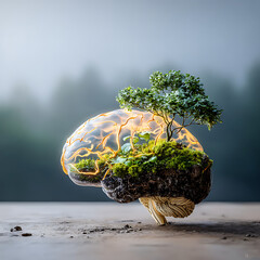 A surreal conceptual featuring a transparent human brain model filled with lush green moss, soil, and a small bonsai tree, with glowing golden light emanating from within, symbolizing growth