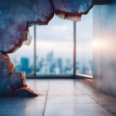 A dramatic interior scene showing a large hole or breach in a concrete wall revealing a blurred cityscape with tall buildings visible through a window in the distance, suggesting destruction or a