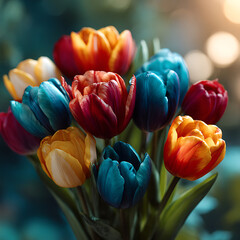 A close-up, detailed view of a bouquet of vibrant tulips in various colors including deep red, bright orange, yellow, and teal blue, with soft, blurred golden bokeh lights in the background