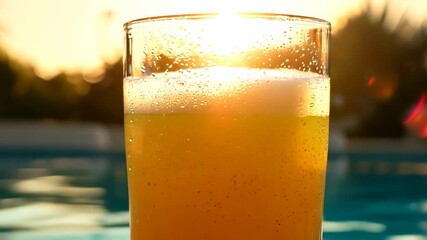 A chilled glass of beer stands in focus as the sun sets behind the horizon, creating a warm glow. The sparkling beer reflects the sunlight, enhancing the refreshing scene.