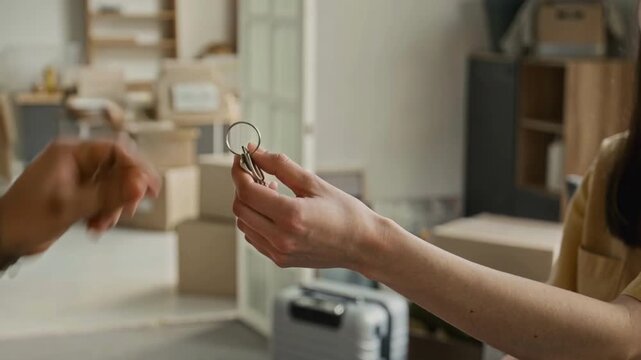 Unknown Man Handing Keys To New Apartment To Anonymous Girl With Bionic Arm