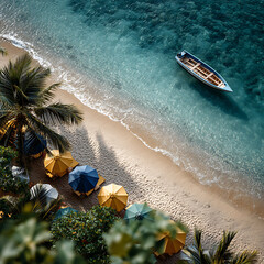 Tropical Beach Paradise with Turquoise Water Palm Trees and Beach Umbrellas and a Small Boat Floating in the Ocean with Gentle Waves Washing Ashore onto the Sandy Shoreline Creating a Serene and